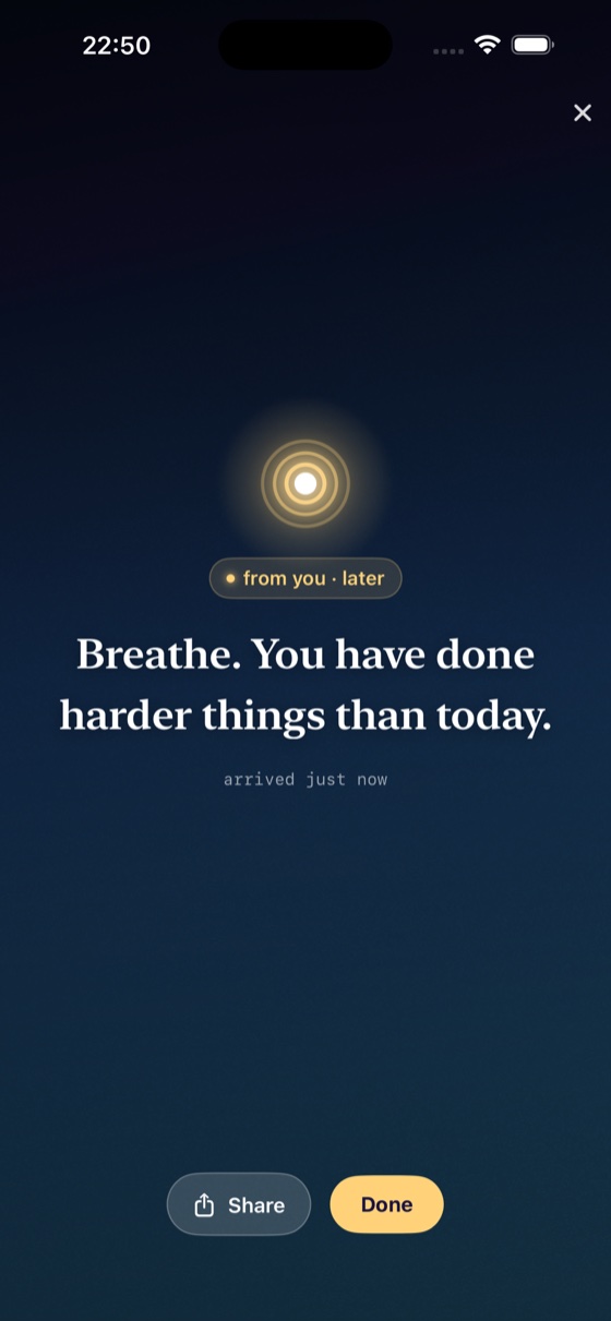 Manifest Inbox: an affirmation arriving as a full-screen card — “Breathe. You have done harder things than today.”